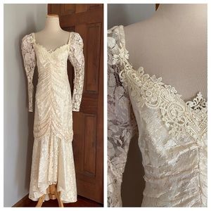 Vintage 80s Small? 7-8 Ivory Floral Lace Mermaid Wedding Bridal Dress Gown Boho